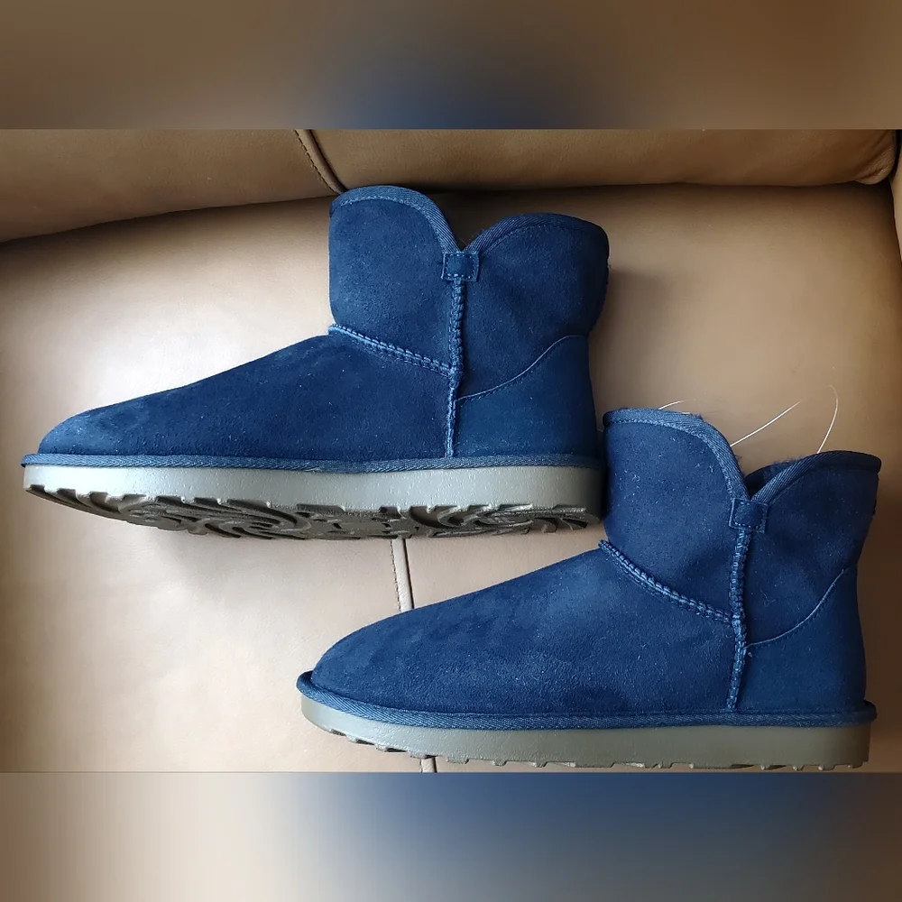 New Women's Sizes Shearling Scalloped Edge Boots Navy - Picture 13 of 15